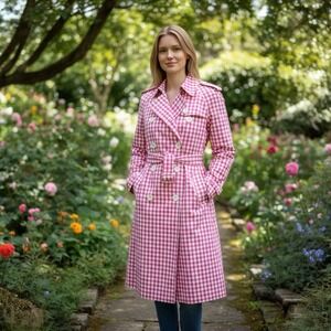 Burberry London VTG Pink Plaid Gingham Cotton Trench‎ Coat US 4 Rose Pink EUC